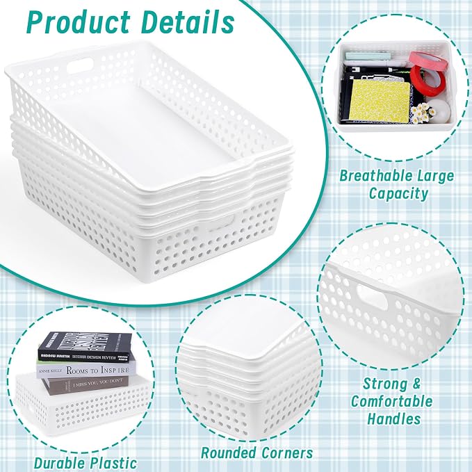 12 Pcs Plastic Storage Baskets Bulk 14 x 10 In Stackable Storage Bin with Handles A4 Size Desktop File Letter Organizer Tray Multi-purpose Container for Shelve Desktop Classroom Office Home Playroom - Image 3