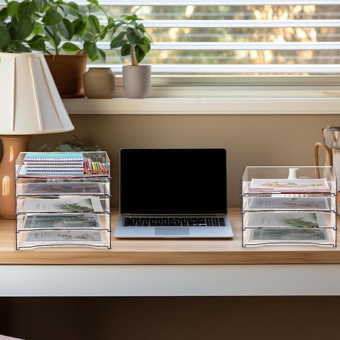 DoubleFill 12 Pcs Stackable Letter Tray Rectangular Plastic Desk Organizer 13 x 9.5 x 2.6 in Paper Holder File Tray Accessories Rack for Desktop Office Desk Drawers (Clear) - Image 6