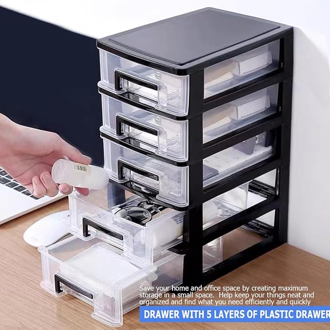 Plastic Desk Organizer,Desk Storage Box with 5 Drawers,Cosmetics Jewelry Storage Box Multifunction Storage Rack for Office School Home (Black &Transparent) - Image 4
