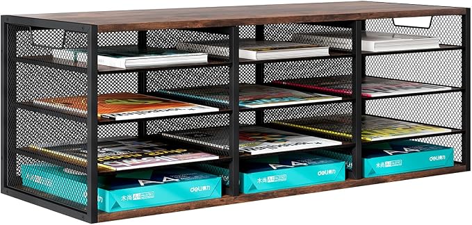 Mail Sorter Adjustable Holder, Countertop Literature Organizer, Student Mailbox for Classroom, Desktop Bill Paper Organizer for Office Home School, 12 Compartments, Brown by PAG-Mass