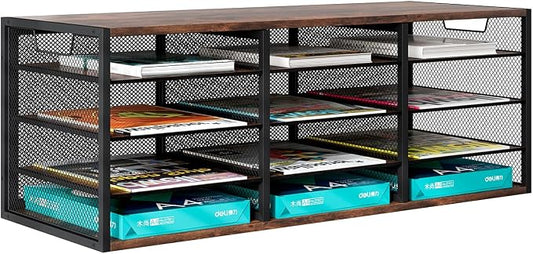 Mail Sorter Adjustable Holder, Countertop Literature Organizer, Student Mailbox for Classroom, Desktop Bill Paper Organizer for Office Home School, 12 Compartments, Brown by PAG-Mass