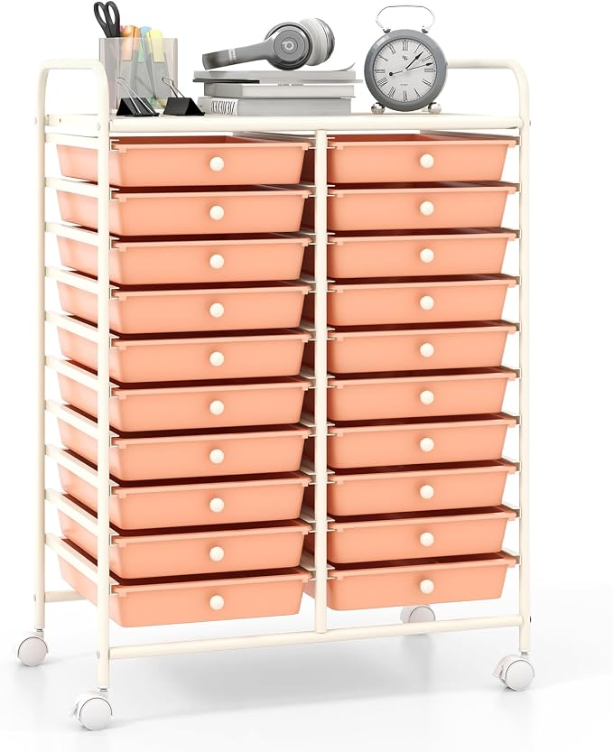 Giantex 20 Drawers Rolling Cart, Mobile Storage Drawer Cart, Classroom Organizer for Office School Supplies Tools Scrapbook Paper Craft Small Printer, Utility Stand on Wheels, Peach by Giantex