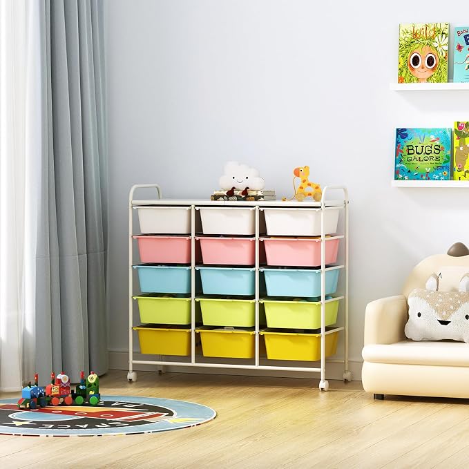 Ytaoka 15 Drawers Rolling Cart With Wheels, Plastic Storage Drawer With Metal Frame, Multipurpose Art Craft Organizer, Utility Cart for Home, Office, School, Multicolor - Image 6