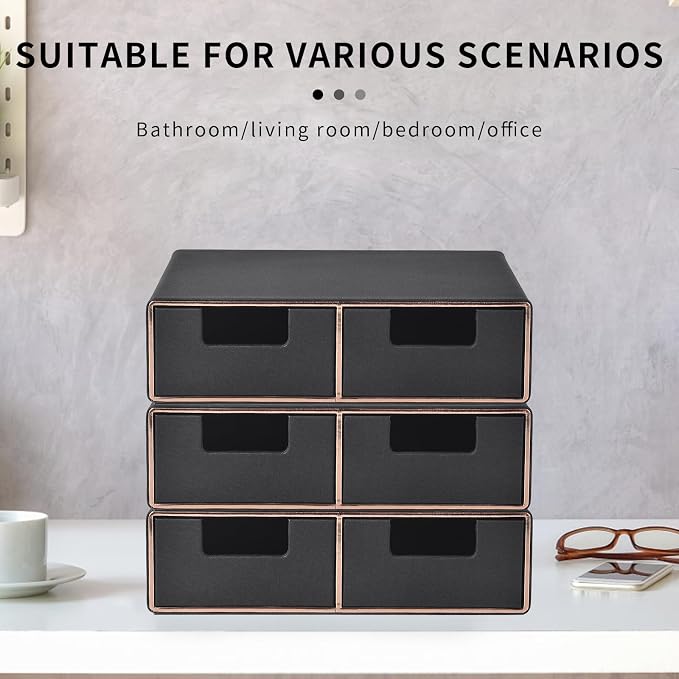 Linen Leather Desk Organizer and monitor stand with Drawers－Mini Desktop Drawer Organizer Stackable－Tabletop Organization Storage Box for Office Supplies Home Vanity Toiletries (Black, 2-drawers) - Image 4