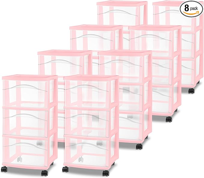 Sterilite 8 Pack 3 Drawer Storage Cart, Plastic Rolling Organization, Pink | Clear Plastic Organizer Drawers with Wheels for Craft Supplies, Bath Essentials, or Home Accessories by Sterilite