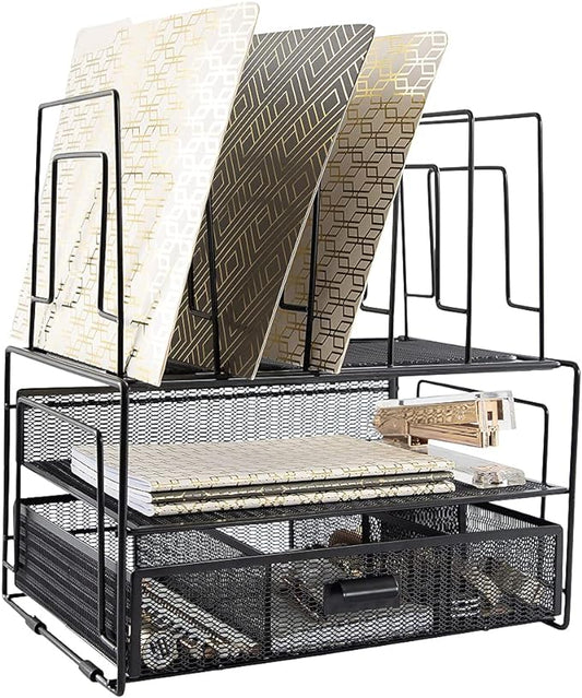 BLU MONACO | Black Wire Mesh Desk Organizer with Drawer | Desk Associates Women Office Set | File Sorters and Mesh Pen Holders Desktop Storage System by Blu_Monaco