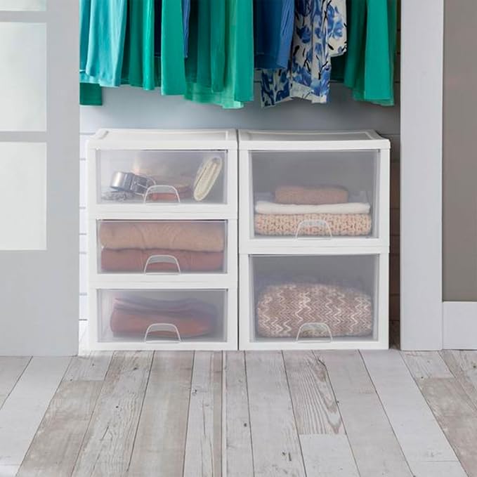 Sterilite Stackable Drawer Organizers 27 Quart, 4-Pack and 16 Quart, 6-Pack | White Frame - Large Plastic Storage Drawers for Closet, Dresser, Cabinet, Bedroom, Pantry, and Bathroom Organization - Image 6