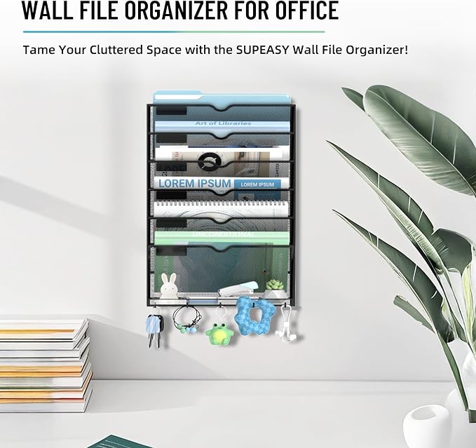 7-Tier Wall File Organizer with 5 Hooks, Wall Mounted Mail Organizer | File Holder Organizer, Metal Mesh Office Wall Organizer for Home, School & Classroom - Image 4