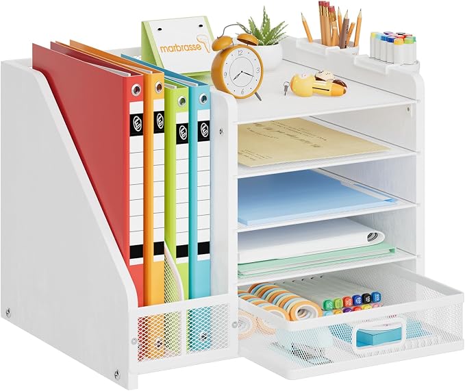 Marbrasse Desk Organizer with File Holder, 5-Tier Paper Letter Tray Organizer with Drawer and 2 Pen Holder, Mesh Desktop Organizer and Storage with Magazine Holder for Office Supplies (Wood-White) by Marbrasse