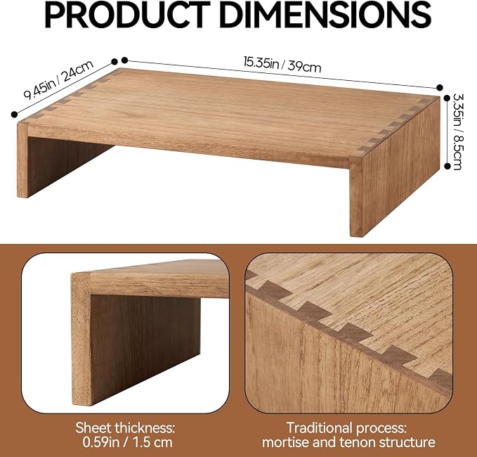 KIRIGEN Wood Monitor Stand Riser for Desk, 15.39 Inch, Brown 39-DBR | Solid Wood Desktop Shelf with Storage Space for Home Office Monitor, Printer, Computer Fully Assembled - Image 6