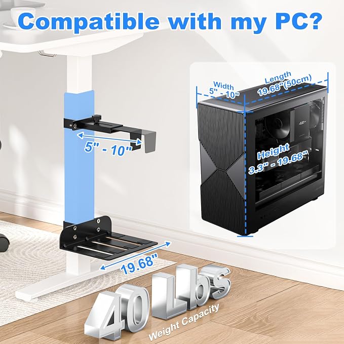 Under Desk PC Mount - Fits 3 Fixed Desk Leg Sizes, CPU Holder Under Desk | No Drilling 40 lb Capacity, Adjustable Clamp-on Desk Leg PC Mount for Standing Desk, with Non-Slip Pads, White - Image 6