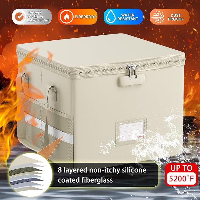 ENGPOW 5200°F File Box Fireproof Document Box with Lock,Heat Insulated Collapsible File Storage Organizer Box with Handle,Portable Home Office File Cabinet for Hanging Letter/Legal Size Folder, Beige - Image 3