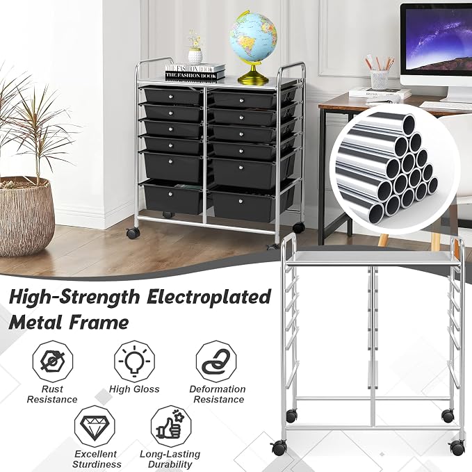 COSTWAY 12-Drawer Rolling Storage Cart, Moveable Art Craft Organizer | Lockable Wheels, Metal Shelf, Files Arrangement Tools Makeup Storage Cart for Office, Home, School (Black) - Image 7