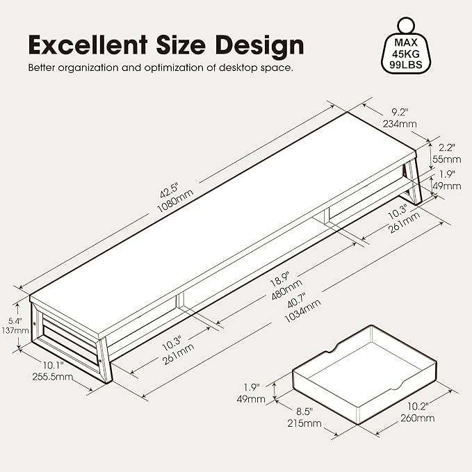 Fenge Dual Monitor Stand Riser, 42.5in Desk Shelf with 2 Drawers, Dark Oak | 2-Tier Monitor Shelf for Desk, Storage Drawer with Stopper, Frosted, fit Home Office, Ultrawide Screen, PC, Laptop, TV - Image 3