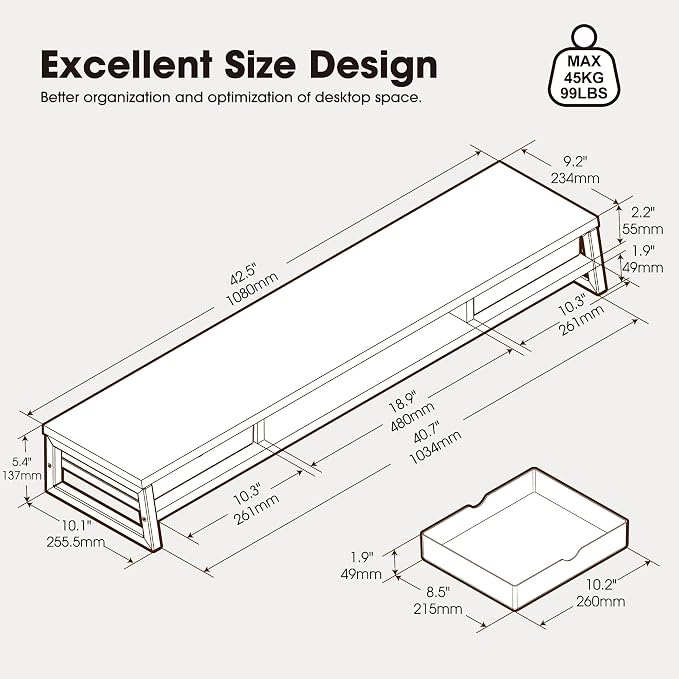 Fenge Dual Monitor Stand Riser, 42.5in Desk Shelf with 2 Drawers, Oak | 2-Tier Monitor Shelf for Desk, Storage Drawer with Stopper, Frosted, fit Home Office, Ultrawide Screen, PC, Laptop, TV - Image 3
