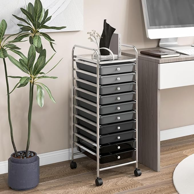Storage Cart, Rolling Utility Cart with 10 Drawers, Portable Handles & Lockable Wheels, Mobile Paper Toys Storage Organizer Large Capacity for Home Office School Teacher (Gradient Black) - Image 2