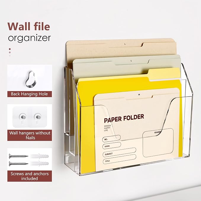Wall Hanging File Folder Organizer for Desk, 3-Tier Acrylic Magazine Rack Wall Mount File Holder, Clear Paper Document Office Organizer - 1 Pack - Image 2