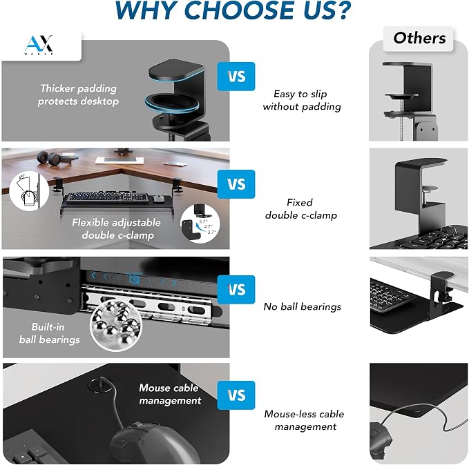 Keyboard Tray Under Desk Pull Out with 3 Height Adjustable Extra Sturdy C Clamp Mount System, 32.8 (38 inch Including Clamps) x 12 Inch Slide-Out Platform Computer Drawer for Typing - Image 3