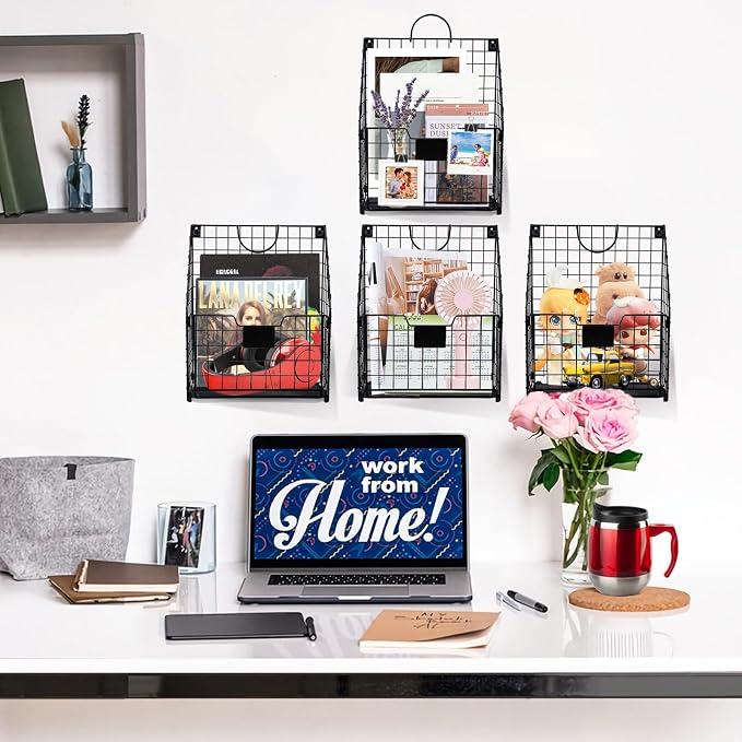 DILIBRA 4 Packs Hanging Wall File Organizer, Foldable Magazine File Holder | Wall Magazine Holder with Handle and Tag Slot, Metal Wall Mounted Mail Organizer Rack Folder Holder for Document Office Door - Image 6