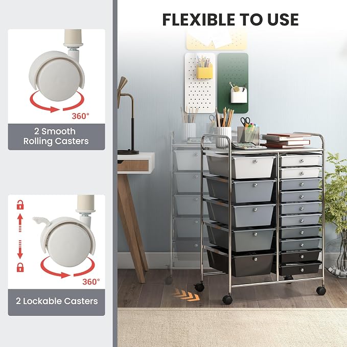 GOFLAME 15-Drawer Rolling Storage Cart, Craft Storage Cart with Removable Drawers & Lockable Wheels, Art Cart Supply Storage Organizer for Home Office Classroom, Gray Gradient - Image 5