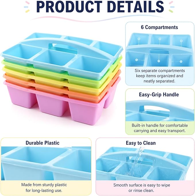 gisgfim 6 Pack Plastic Classroom Caddy with 6-Compartments Plastic Storage Caddies with Handle 6 Compartments Table Caddy Organizer Versatile Table Caddies for Classroom Office Storage, Pastel Color - Image 3