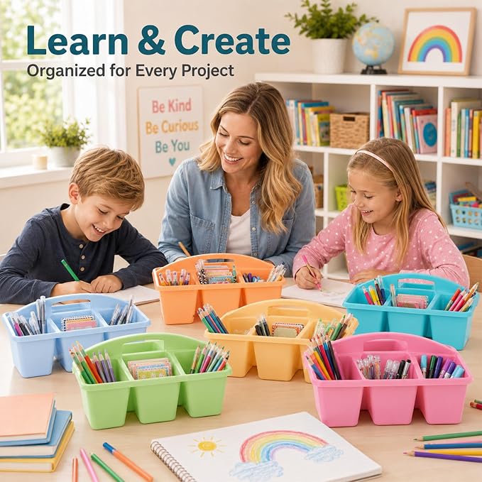6 Pack Assorted Colors 6 Compartment Classroom Caddy with Handle Portable Plastic Storage Classroom Caddies Organizer for Classrooms Supply Teacher Office Table Desk(Pastel) - Image 6