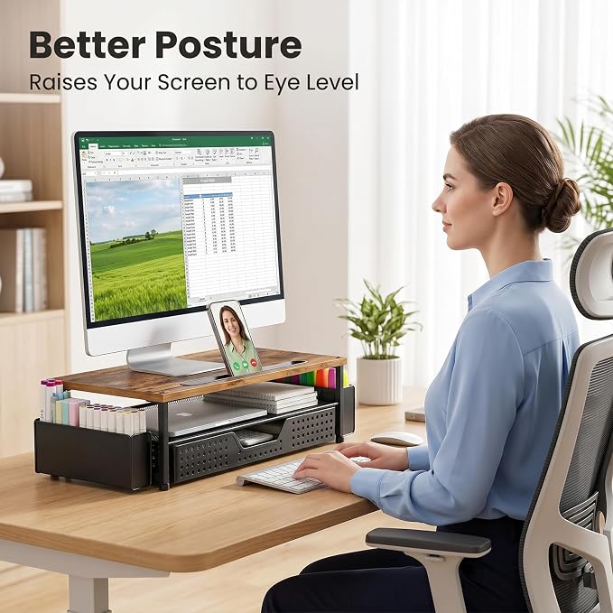 Desk Organizer and Accessories, 2-Tier Computer Monitor Stand Rise with Phone Holder, Drawer & 2 Pen Holders, Laptop & Printer Stand for Desktop, Workspace Organizers for Office Supplies (Brown Wood) - Image 3