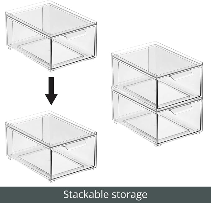 mDesign Stackable Storage Containers Box with 2 Pull-Out Drawers - Stacking Plastic Drawer Bins for Closet Organization, Linen, Coat, Bedroom or Entryway Closets - Lumiere Collection - 2 Pack - Clear - Image 5