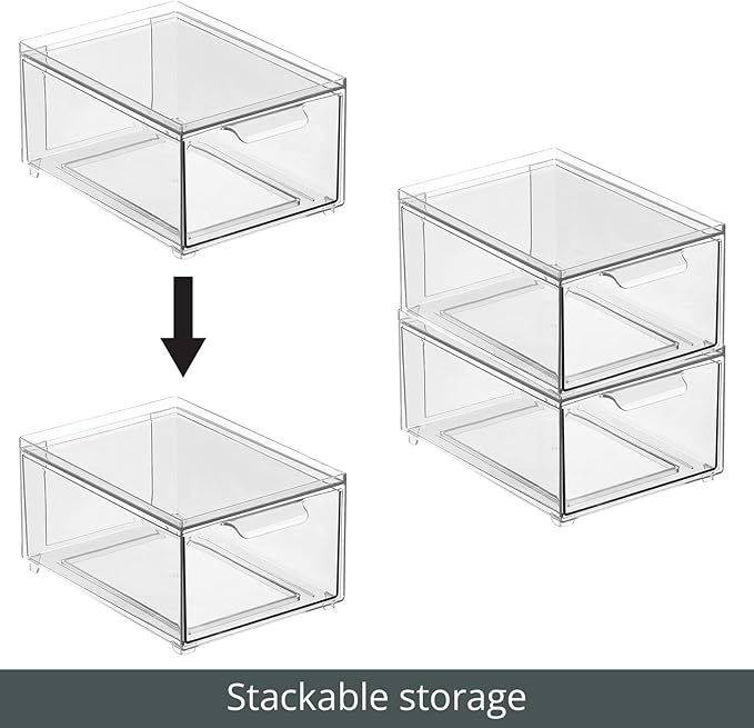 mDesign Plastic Bathroom Organizer Bin w/Pull Out Drawer - Slim Stackable Storage Container for Bathroom Accessories - Perfect for Organizing Bathroom Cabinet - Lumiere Collection - 4 Pack - Clear - Image 4