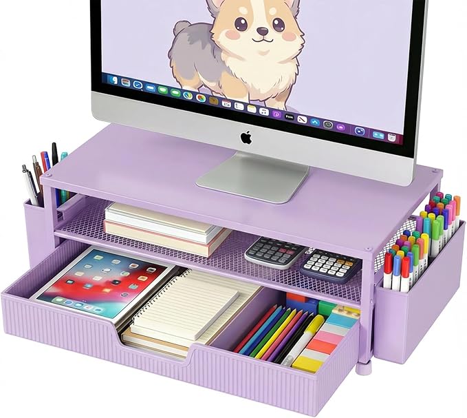 ECOLOVI Desk Organizer and Accessories, 2-Tier Computer Monitor Stand Rise with Storage Drawer & 2 Pen Holders, Laptop & Printer Stand for Desktop, Workspace Organizers for Office Supplies (Purple) by ECOLOVI