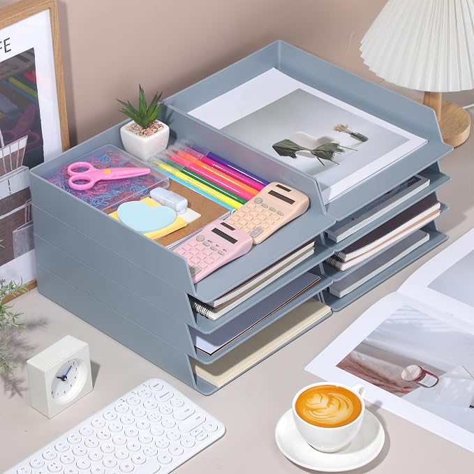 8 Pcs Stackable Paper Trays Rectangular Plastic Desk Holder Desktop Document File Organizer Storage Letter for Office Classroom (Gray) - Image 6