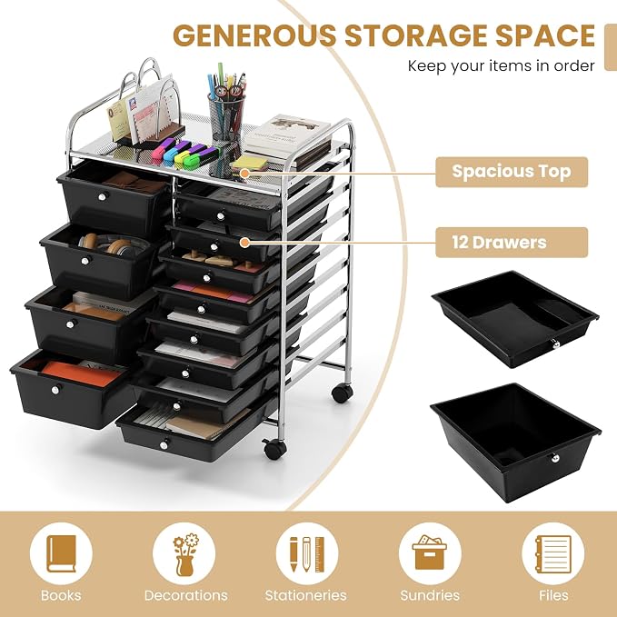 COSTWAY 12 Drawer Rolling Storage Cart, Utility Cart with Metal Frame | Mobile Art Supply Craft Organizer, Multipurpose Storage Organizer for Paper, Office, School Teacher, Classroom, Black - Image 5