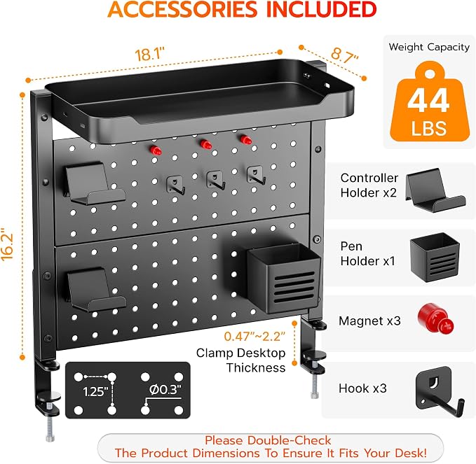 ARES WING Desk Clamp On Pegboard with 16 inches Organizer Shelf, Black | Adjustable Above or Under Desk Storage Shelf Holds 44 lbs, Magnetic Metal Peg Board for Office and Gaming Accessories - Image 2