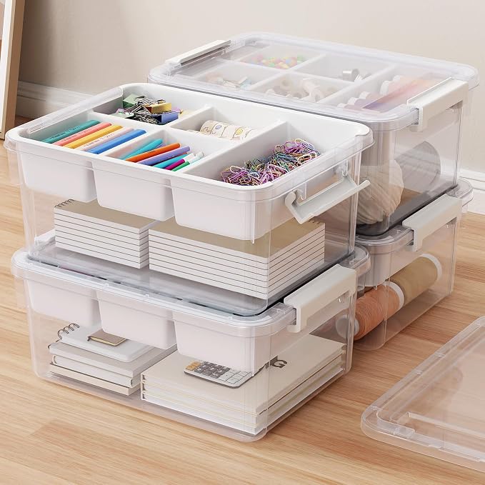 80Qt Stackable Storage Bins with Lids Trays Craft Box Organizers, 4Pack,WH | Clear Plastic Latching Boxes Organizers with Dividers Portable Containers for Arts & Crafts, Home Office Classroom Car Trunk by HOMETUK