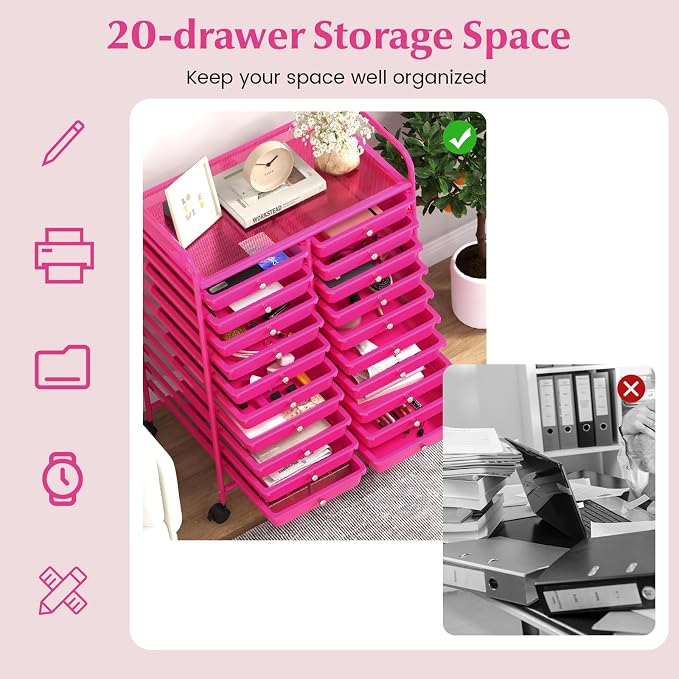 GOFLAME 20-Drawer Rolling Storage Cart, Multifunctional Art Craft Organizer Cart, Mobile Utility Storage Cart with Removable Drawers & Lockable Wheels, Craft Cart for Home Office, Hot Pink - Image 4