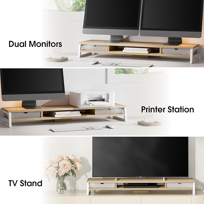 Fenge Dual Monitor Stand Riser, 42.5in Desk Shelf with 2 Drawers, Oak | 2-Tier Monitor Shelf for Desk, Storage Drawer with Stopper, Frosted, fit Home Office, Ultrawide Screen, PC, Laptop, TV - Image 8