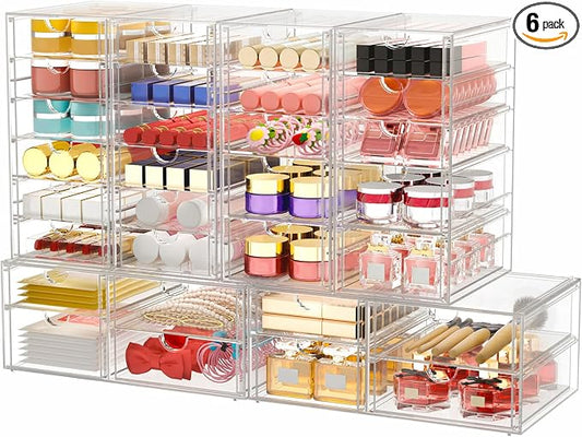 6-Pack 30-Drawer Acrylic Storage & Makeup Organizer for Desk | Smooth-glide drawers, clear body, dustproof, for office supplies, pens, stationery, jewelry, cosmetics, craft bits by shoeboxesanddeskorganizers