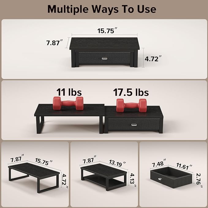 WOHOMO Dual Monitor Stand Riser with Drawers, Wood Desk Organizers for 2 Monitors, Desktop Storage Stand for Computer, Laptop, Black - Image 2