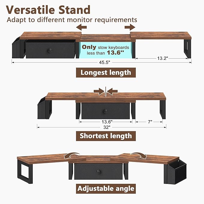 LAND·VOI Heavy Duty Dual Monitor Stand, Holds 2 Screens Up to 27 Inches, Adjustable Length and Angle Monitor Riser, Desk Organizer with Side Pockets and Drawers, Home Office Desk Storage, Rustic Brown - Image 4
