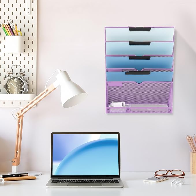 6 Tier Mesh Hanging Wall File Organizer, Desk Vertical Mail Paper Document Folder Holder Rack with Bottom Tray and Nametag Label for Office Home School, Light Purple - Image 6