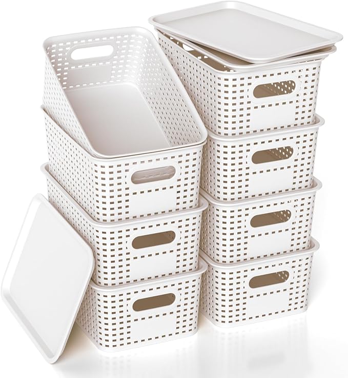 Plastic Storage Basket with Lid, Stackable Small Box Bins for Organizing and Containers for Shelves Drawers Desktop Closet Playroom Pantry Classroom Office Home, 8 Pack 10.2x7.2x4.1 Inch, White by ZFTMRR