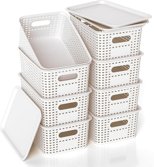 Plastic Storage Basket with Lid, Stackable Small Box Bins for Organizing and Containers for Shelves Drawers Desktop Closet Playroom Pantry Classroom Office Home, 8 Pack 10.2x7.2x4.1 Inch, White by ZFTMRR