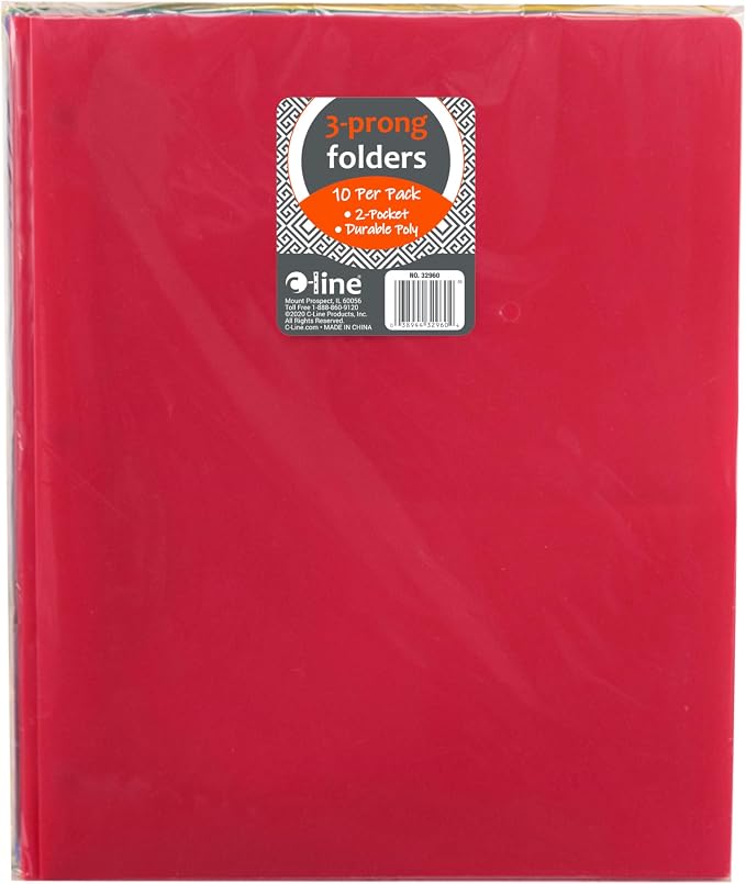 C-Line Two-Pocket Heavyweight Poly Portfolio with Prongs, for Letter Size Papers, Includes Business Card Slot, Assorted Colors, 10 Pack (32960) - Image 2