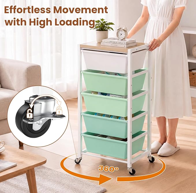 Rolling Cart with 5 Drawers, Plastic Drawer Storage Carts with Wheels & Wooden Tabletop, Metal Utility Cart for Office Bedroom Living Room Classroom, Craft Organization and Storage, Green - Image 7