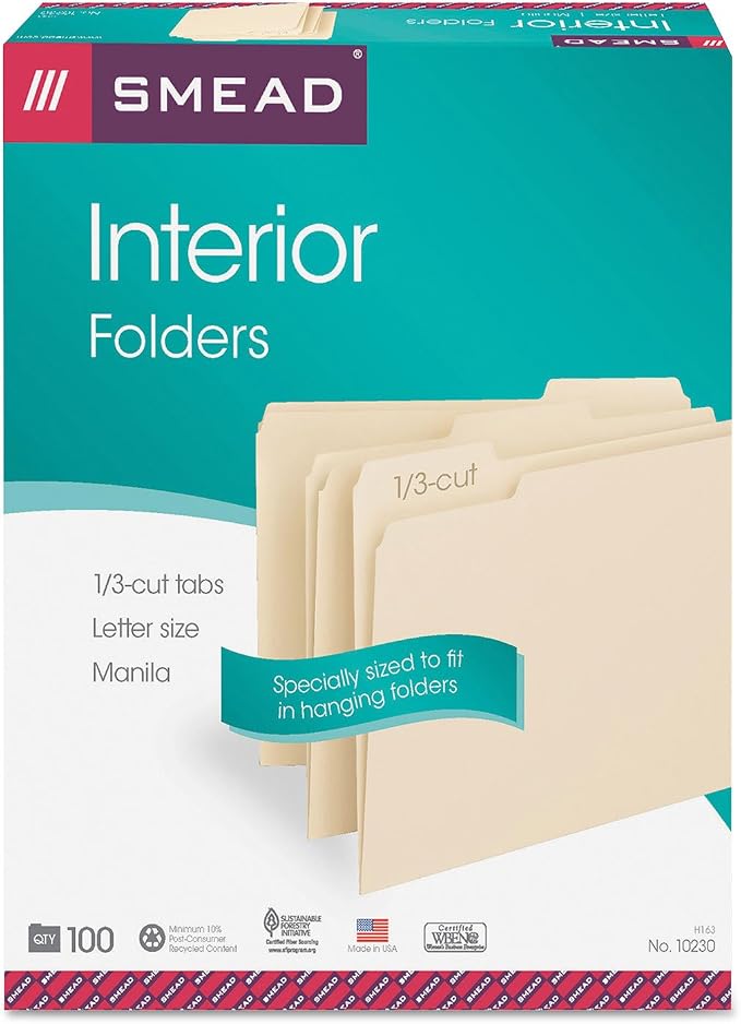 Smead Interior File Folder, 1/3-Cut Tab, Letter Size, Manila, 100 per Box, Expandable File Folders for Filing Cabinet - Image 4