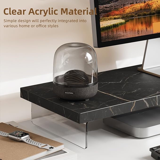 Monitor Stand Riser, 25x10 in Wood & Acrylic Computer Desk Organizer Shelf | Computer Monitor Stand With Wood & Acrylic Design; Works As Laptop Riser, Printer Stand, TV Screen Riser And Desk Organizer. - Image 3