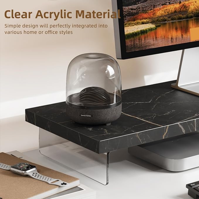Dual Monitor Stand Riser, 40x10 in Wood & Acrylic Desktop Organizer Shelf | Computer Monitor Stand Riser With Wood & Acrylic Design; Fits 2 Monitors, Laptop, Printer And Desk Supplies For Office Use. - Image 2