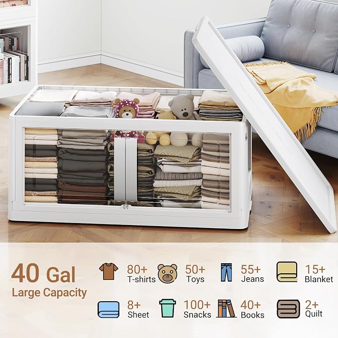 BROVIEW 160QT Stackable Storage Bins with Lids, 40Gal Extra Large Collapsible Storage Box with Wheel, Plastic Storages with Clear Door Open Front for Home Kitchen Garage, White-1pack(1 lid) - Image 8