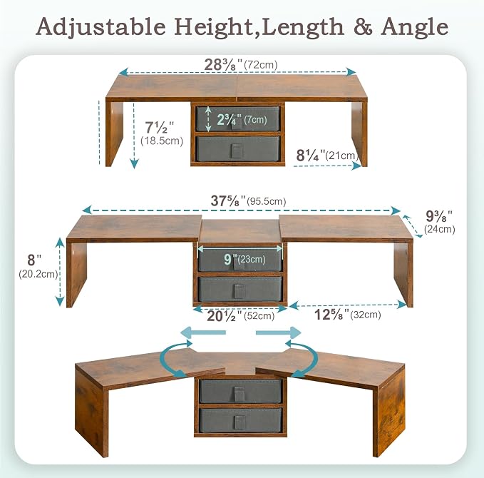 TEAMIX Dual Monitor Stand Riser with 2 Drawers - Length and Angle Adjustable 3 Shelf Monitor Riser with Storage Desk Organizer Large Monitor Stand for 2 Monitors/Laptop/PC,Screen/TV Stand Riser - Image 5