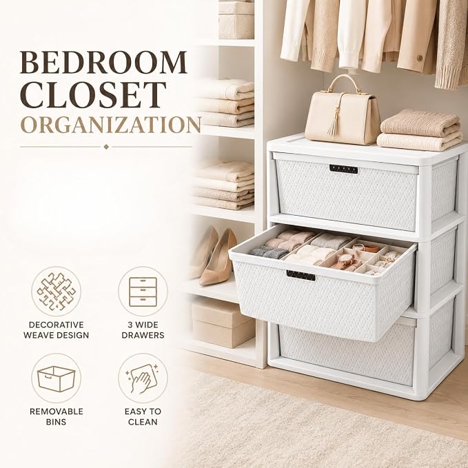 2Pack,3-Drawer Storage Tower, Wide Plastic Organizer with Removable Bins | Decorative Weave Design, Tool-Free Assembly, Removable Bins, Carry Handles, Drawer Stops, BPA-Free,White - Image 4